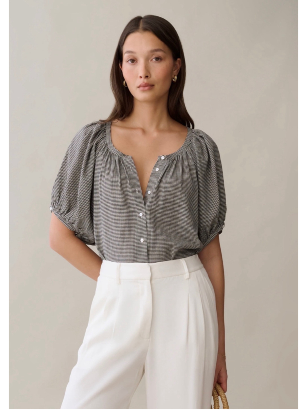 Women's Sorella Black & White Gingham Puff Sleeve Blouse Size XS